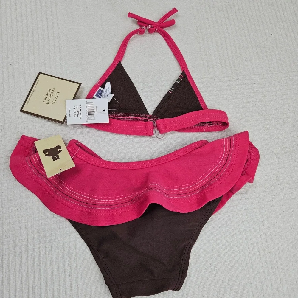 NEW Baby Gap Embroidered Bikini 3-6 mo Pink Brown Applique Floral‎ Swimsuit NWT